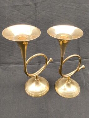 Vintage Brass French Horn Trumpet Tapered Candlestick Holders - Set of 2